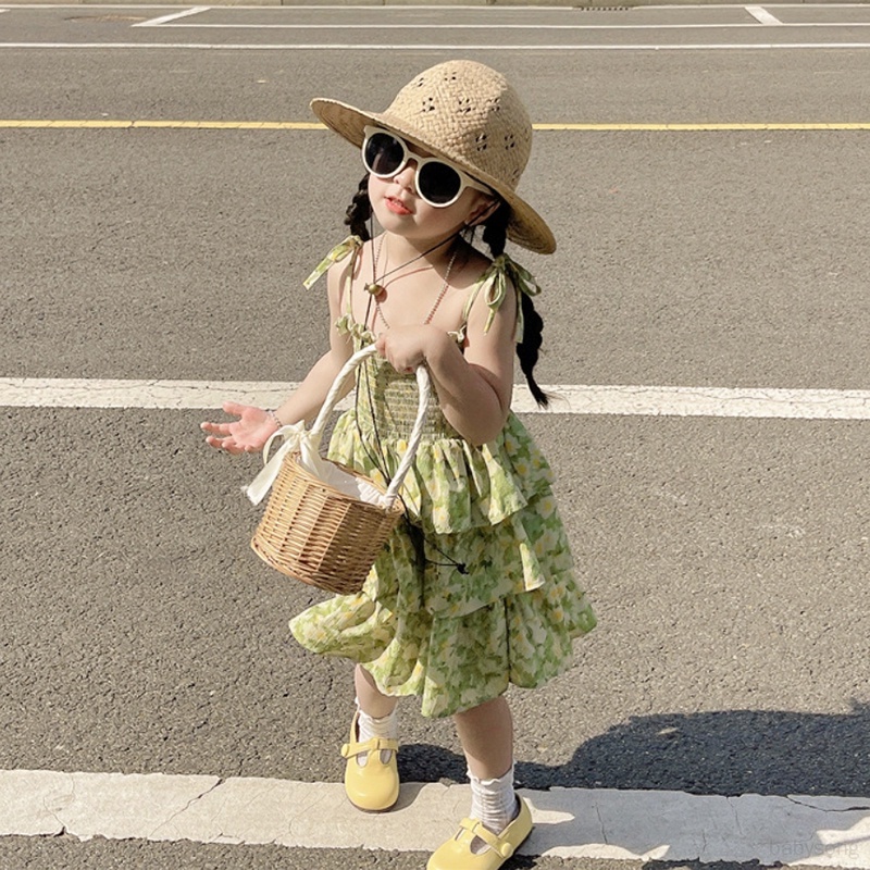 Đầm Công Chúa Mùa Hè Hai Dây Phồng Phong Cách Hàn Quốc Ngọt Ngào Cho Bé Gái