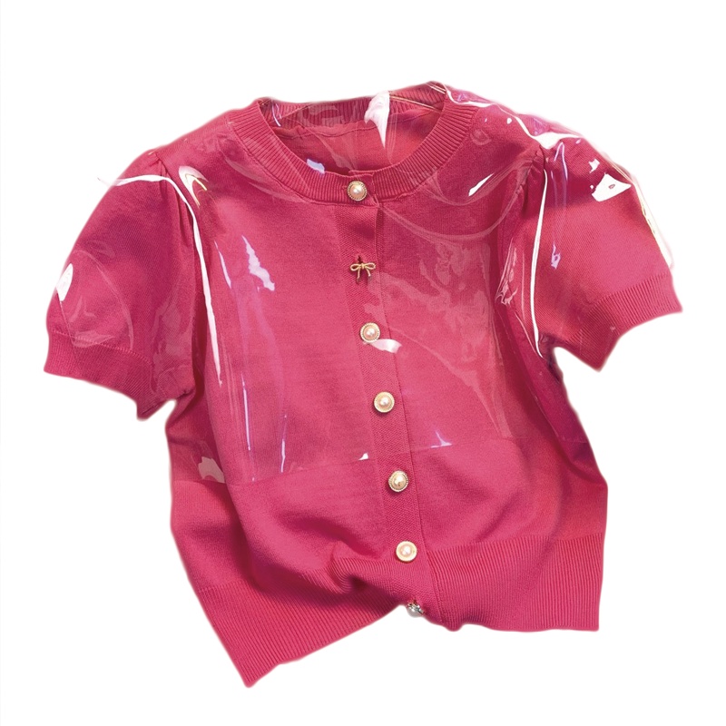 Áo Cardigan Dệt Kim Tay Ngắn Phồng Màu Hồng Hoa Hồng Thanh Lịch