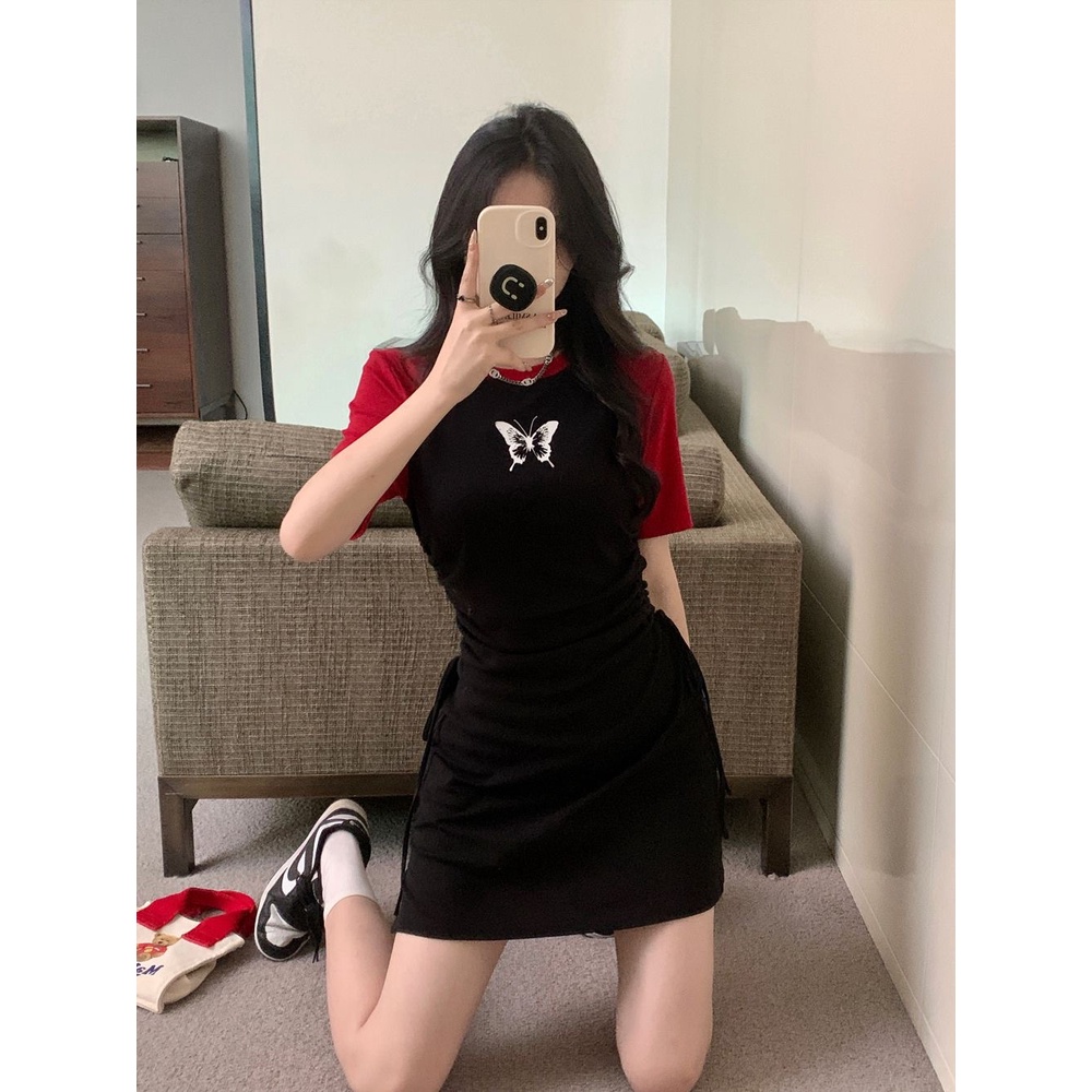 Váy liền tay ngắn cổ tròn thêu dây rút gợi cảm hot girl đường phố mùa hè 2023 nữ
