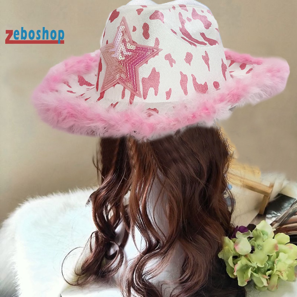 [ZEBO] Mũ Cao Bồi Có Dây Rút Viền Lông Vũ Họa Tiết Ngôi Sao Hóa Trang Cho Nữ