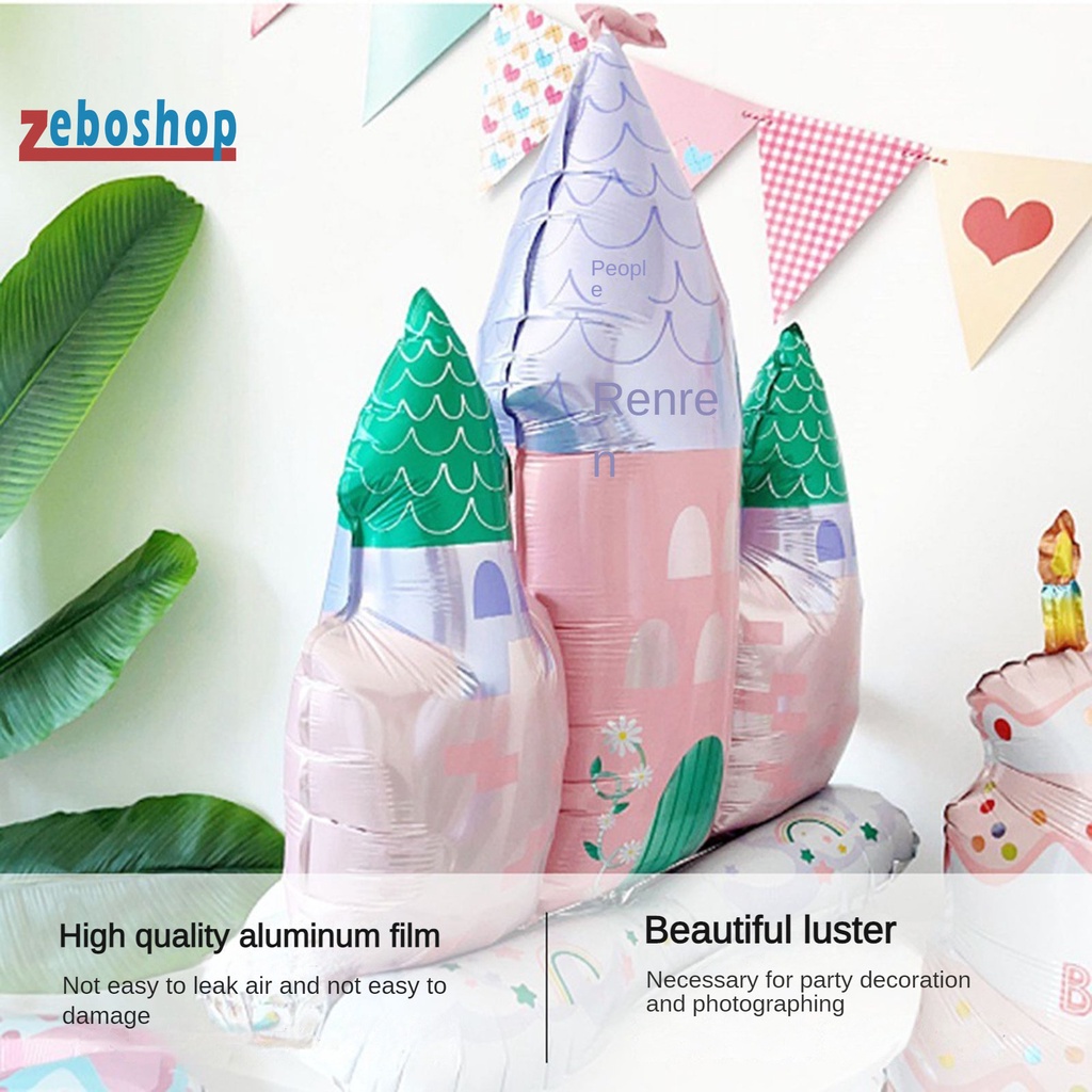 [ZEBO] Bong Bóng Bay Bằng Màng Nhôm Bơm Hơi Dày Dặn Chống Rò Rỉ Hình Lâu Đài Màu Hồng Có Đế Cho Bé Tắm Tiệc Tù