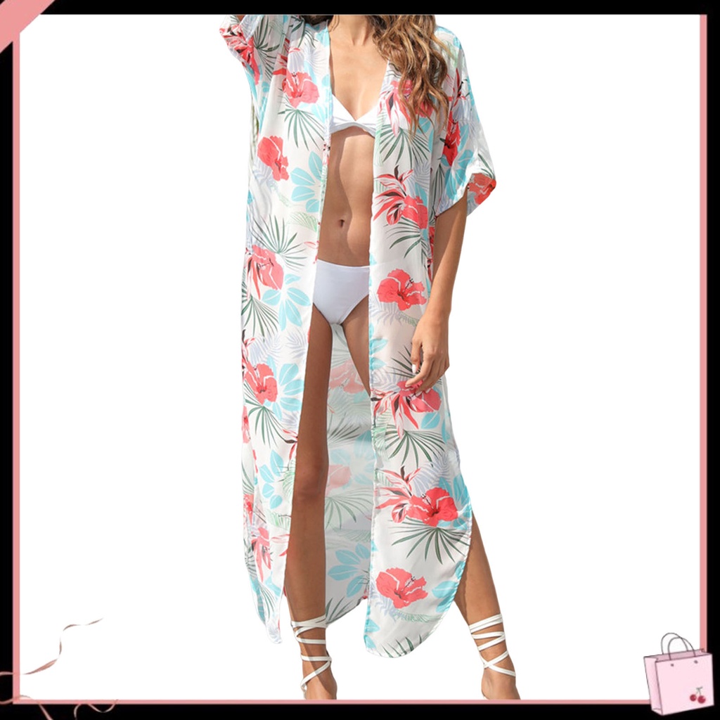 {Soltweter} Áo Choàng Ngoài Bikini Mỏng Che Phủ Cổ Hở Phía Trước In Hoa Đi Biển