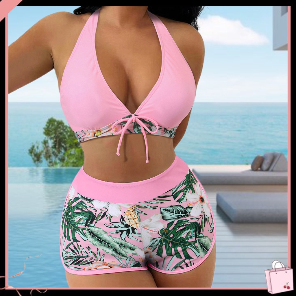 1 Bộ Đồ Bơi Bikini Không Gọng Dây Lưng Cao In Họa Tiết Thời Trang Cho Nữ