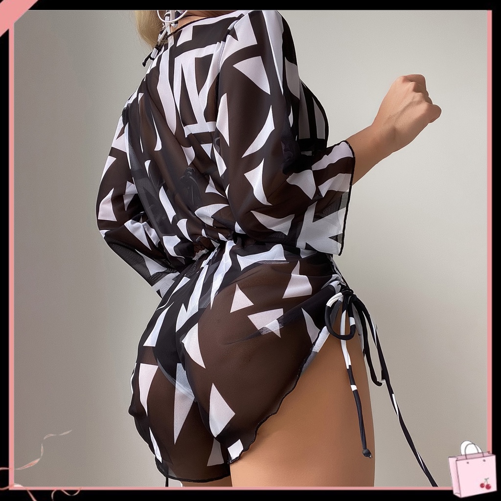 Bộ Đồ Bơi 3 Mảnh Gồm Áo Dài Tay Cổ Yếm Và Quần Lưng Thun In Họa Tiết Lá Dành Cho Nữ