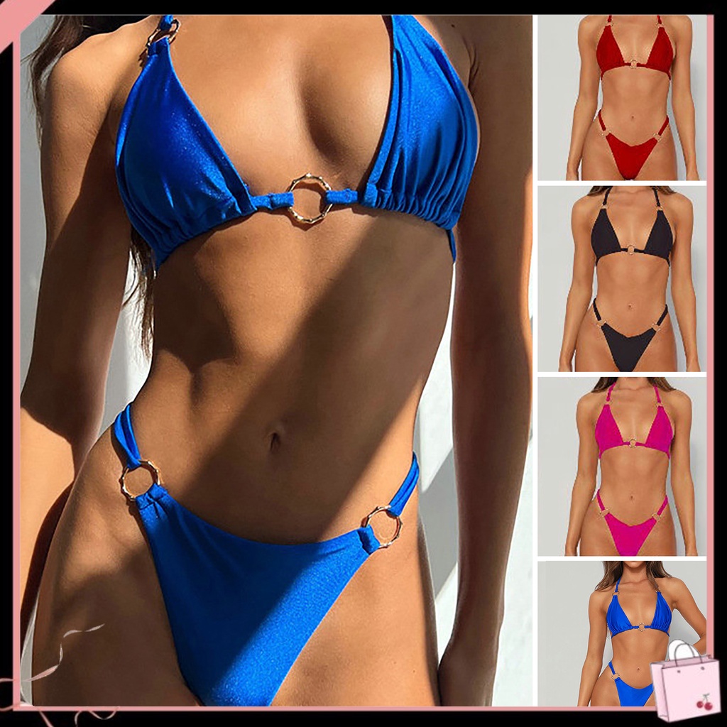 Bộ Bikini 2 Mảnh Màu Sắc Trơn Lưng Cao Cổ Khoét Sâu Gợi Cảm Cho Nữ