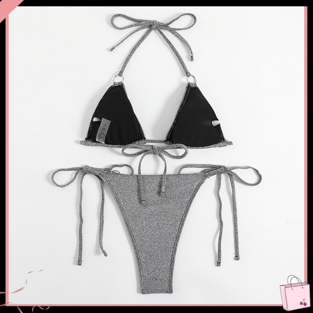 1 Bộ Đồ Bơi Hai Mảnh Áo Ngực Không Gọng Cổ Yếm Màu Trơn Kèm Quần Lót Thời Trang Đi Biển Mùa Hè