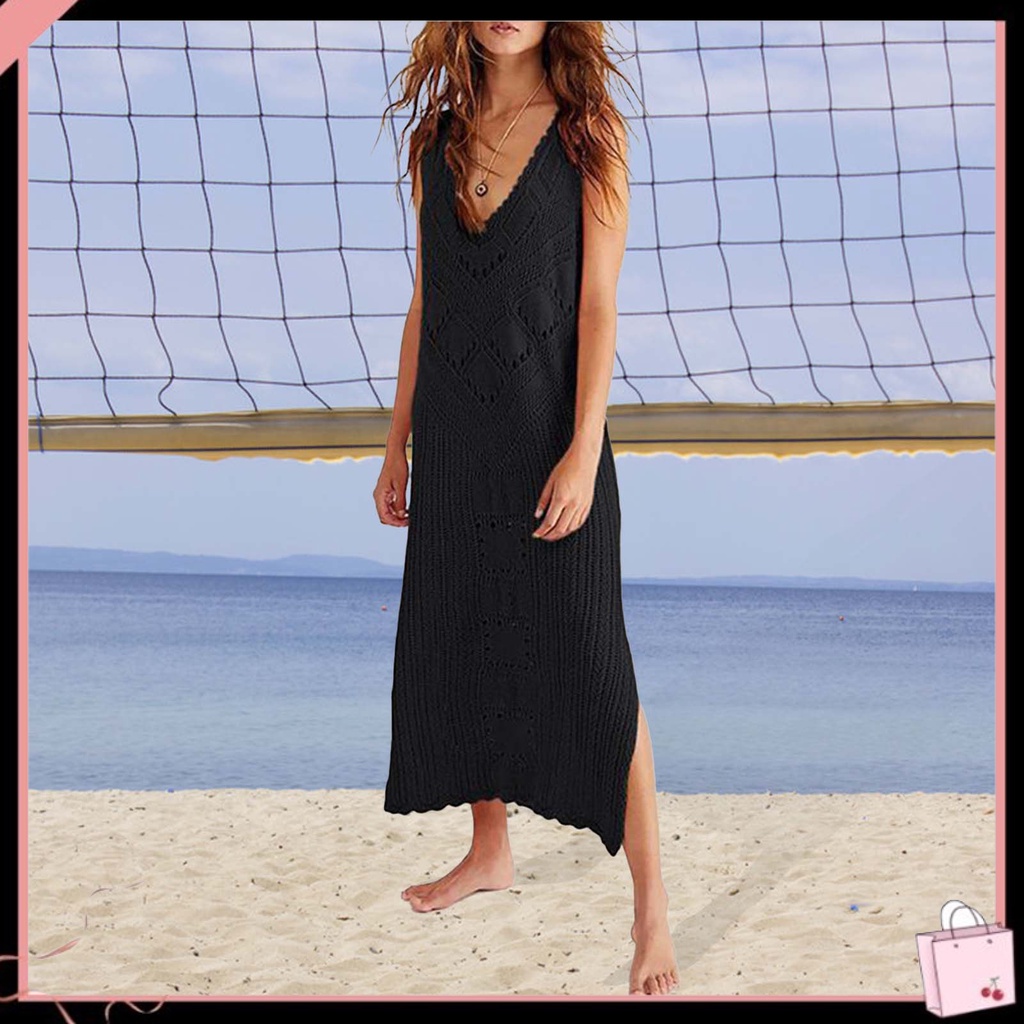 {Soltweter} Đầm Mặc Ngoài Bikini Không Tay Cổ Chữ V Khoét Sâu Thiết Kế Rỗng Thoáng Khí Màu Trơn Trang Trí Mùa Hè Dành Cho Bạn Nữ