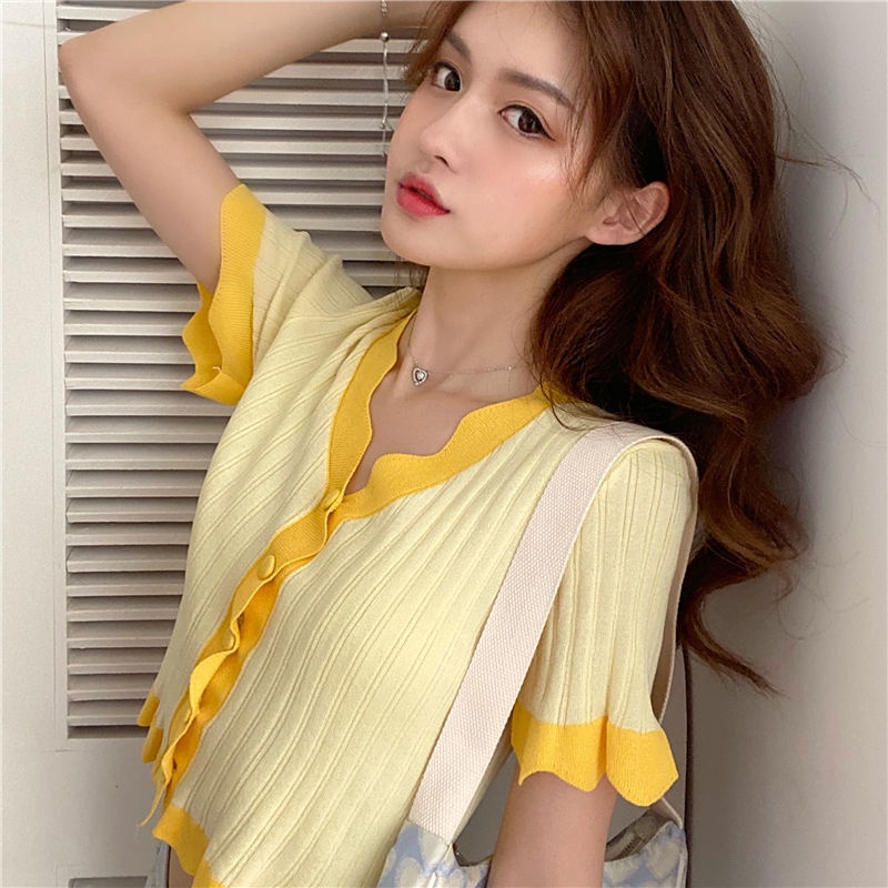 Áo Cardigan Dệt Kim Mỏng Dáng Rộng Tay Ngắn Cổ Chữ V Thời Trang Mùa Hè Hàn Quốc Hàng Mới 2023