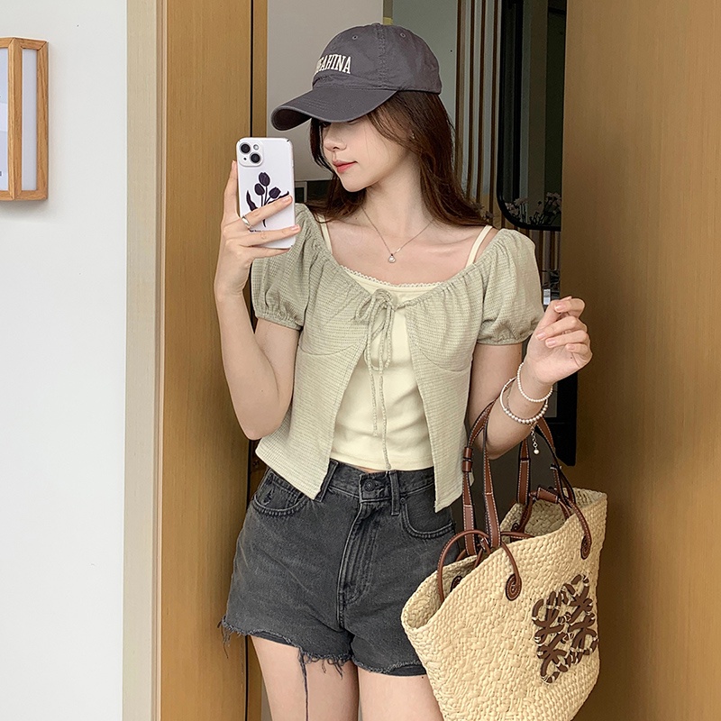 SUXI Áo Kiểu Cổ Vuông Cột Dây Thời Trang Hè Trẻ Trung Cho Nữ