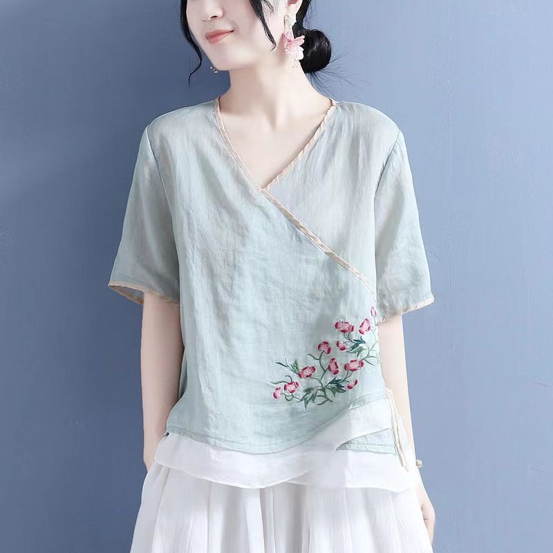 Áo Sơ Mi Vải Lanh Cotton Tay Ngắn Cổ Chữ V Màu Sắc Nút Đôi Phong Cách Trung Hoa Cho Nữ