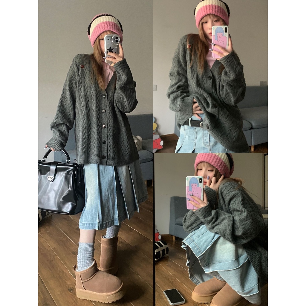 Chân Váy Denim Dài Qua Gối Dáng Chữ A Xếp Ly Nhiều Lớp Màu Xanh Nhạt Phong Cách Retro Nhật Bản Cao Cấp Cho Nữ