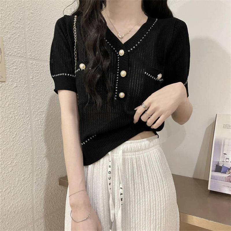 Áo Sweater Lụa Lạnh Cổ V Ngắn Tay Thời Trang Mùa Hè Dành Cho Nữ 2023
