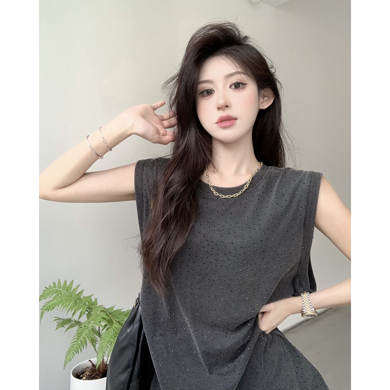 Áo Thun Sát Nách Cổ Tròn Dáng Rộng Đính Đá Toàn Diện Hợp Thời Trang Hè