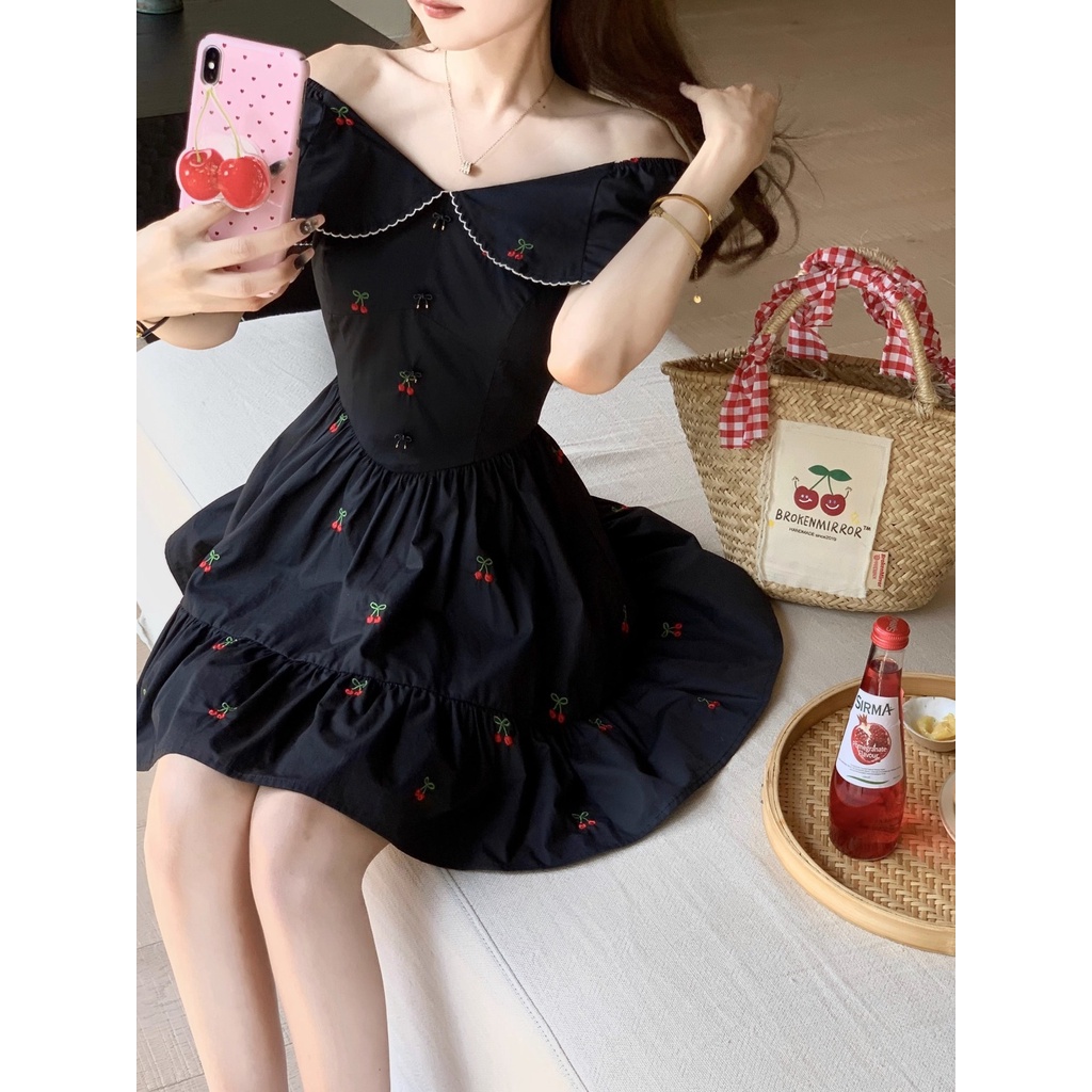 Đầm Ngắn Tay Cổ Búp Bê Họa Tiết Thêu Màu Sắc Tương Phản Thời Trang Mùa Hè Dành Cho Nữ