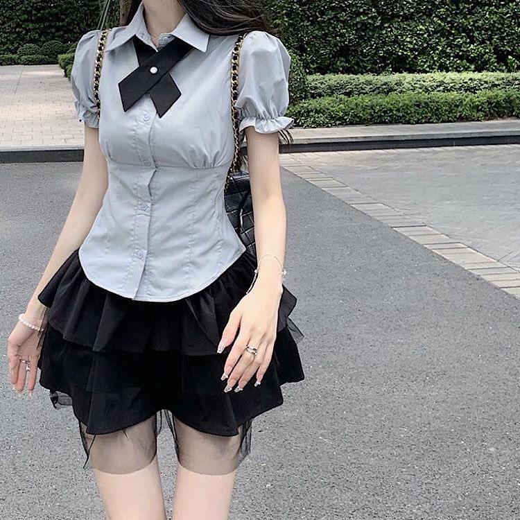 Áo Kiểu Tay Phồng Xếp Ly Eo Cao Phong Cách Preppy Nhật Bản Cho Nữ