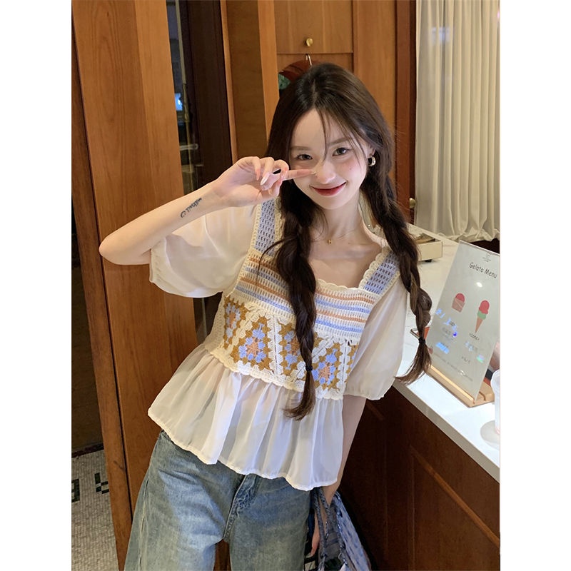 Áo Chiffon Cổ Vuông Tay Ngắn Phối Màu Tương Phản Thời Trang Mùa Hè Cho Nữ