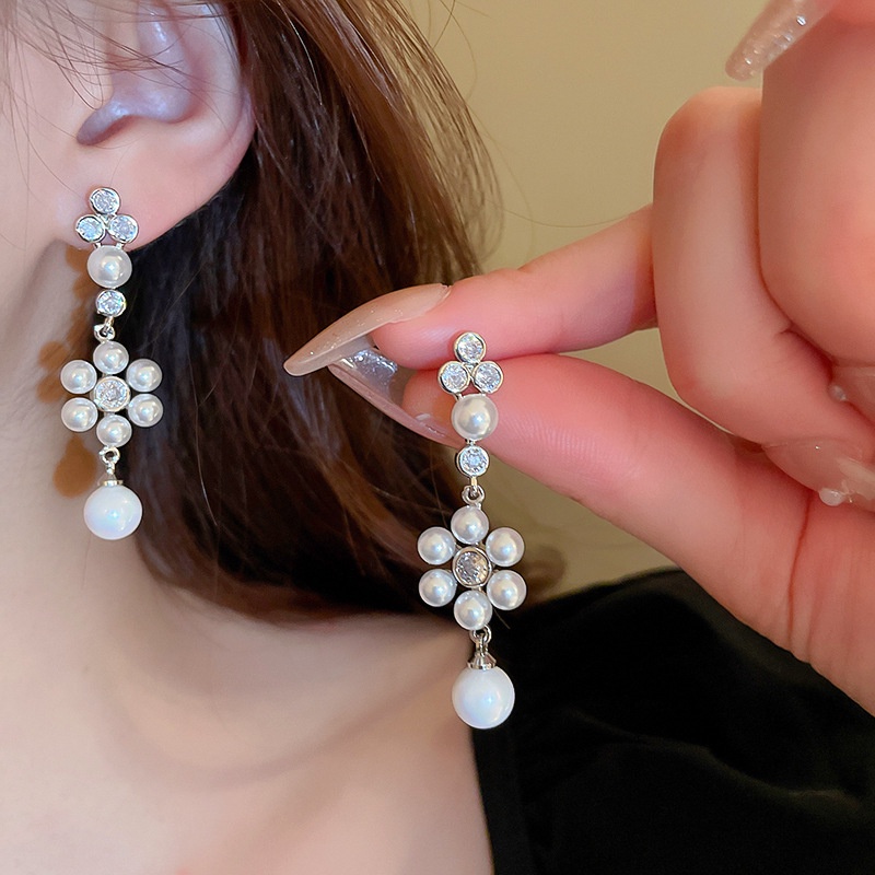 Bông tai hoa ngọc trai kim zircon màu bạc khí chất Pháp bông tai cao cấp cảm giác thời trang phù hợp với phụ nữ bông tai khí chất
