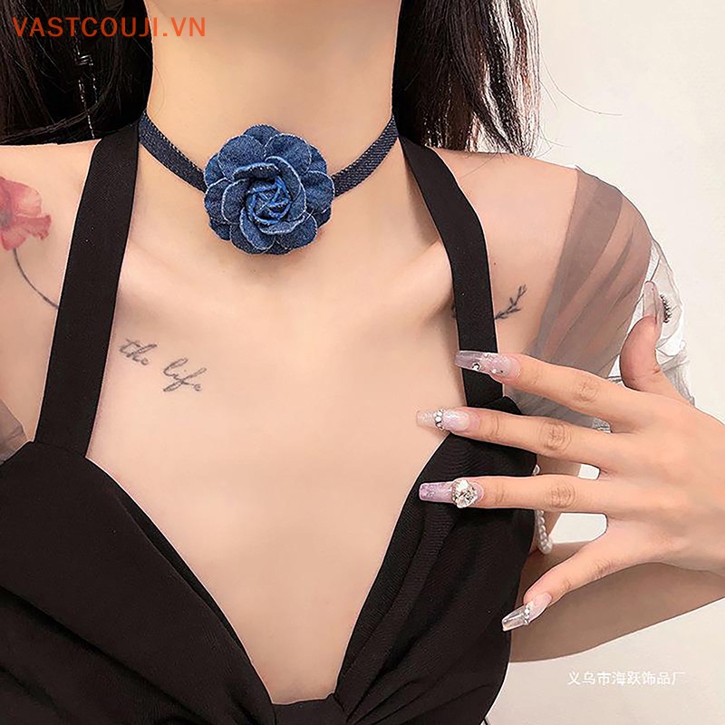1 Vòng Cổ Choker Jean Nhiều Lớp Mặt Hoa Màu Xanh Dương Thời Trang Cho Nữ