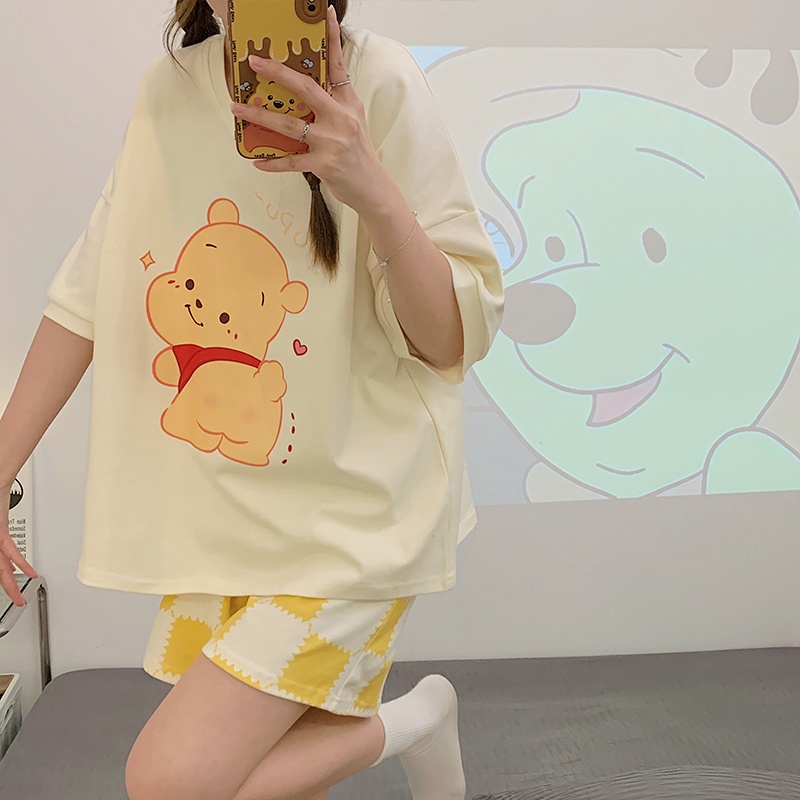 Bộ Đồ Ngủ Ngắn Tay Mềm Mại In Hình Gấu Winnie Thời Trang Mùa Hè Cho Nữ