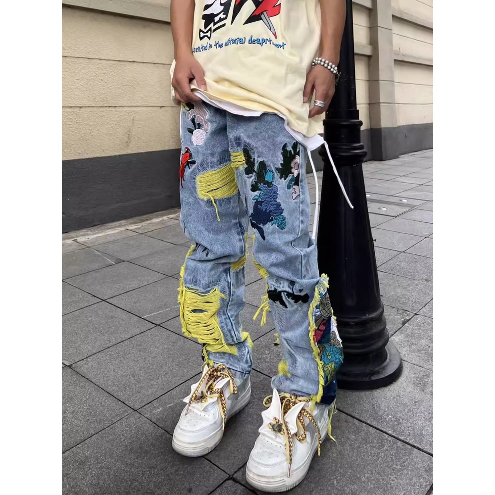 Quần Jean Dài Rách Thêu Họa Tiết Phong Cách Đường Phố Mỹ Thời Trang 2023 Mới Cho Nam Và Nữ