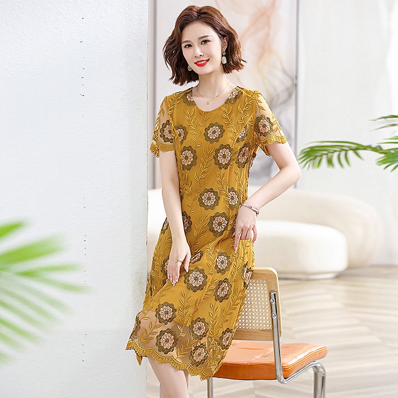 Đầm Hoa Tay Ngắn Phong Cách Phương Tây Thời Trang Mùa Hè Cho Phụ Nữ Trung Niên 50 Tuổi