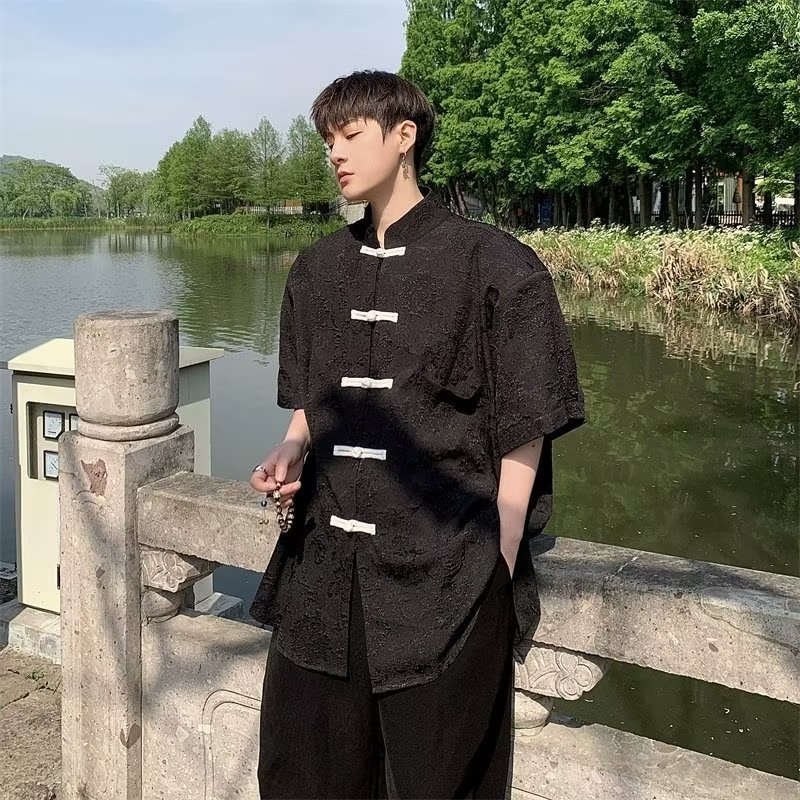 Áo Sơ Mi Ngắn Tay Cổ Đứng Cài Nút Dập Nổi Họa Tiết Phong Cách Trung Hoa