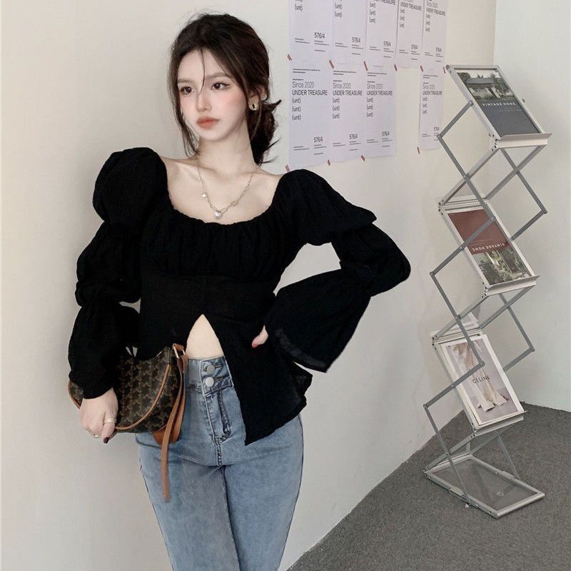 Áo Sơ Mi Dài Tay Cổ Vuông Eo Cao Thiết Kế Xẻ Tà Phong Cách Pháp Mới Cho Nữ