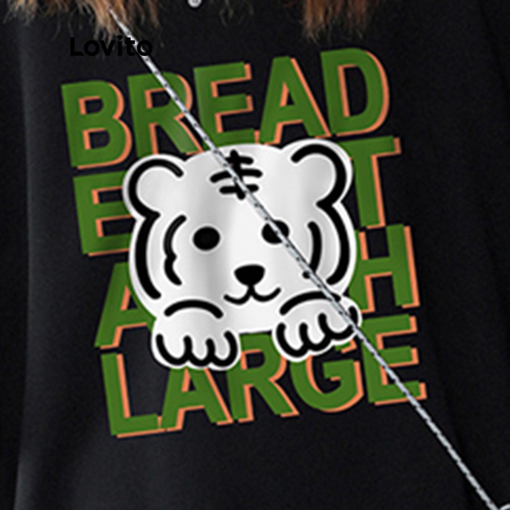 Lovito Bộ quần ngắn cơ bản cổ tròn họa tiết hoạt hình đơn giản cho nữ LNA09244 (Đen)