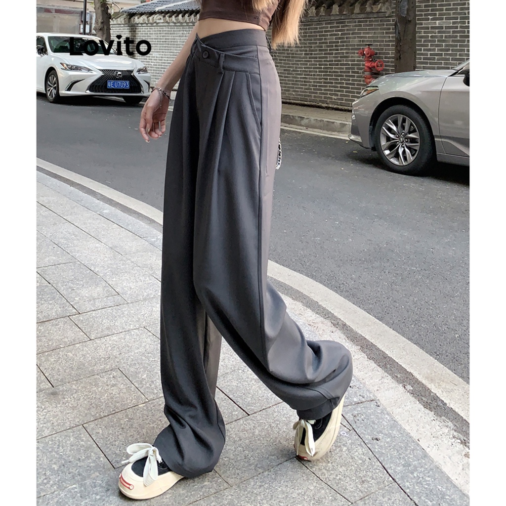 Lovito Quần ống rộng cạp vừa không đối xứng màu trơn đơn giản dành cho nữ LNE09013 (Trắng)