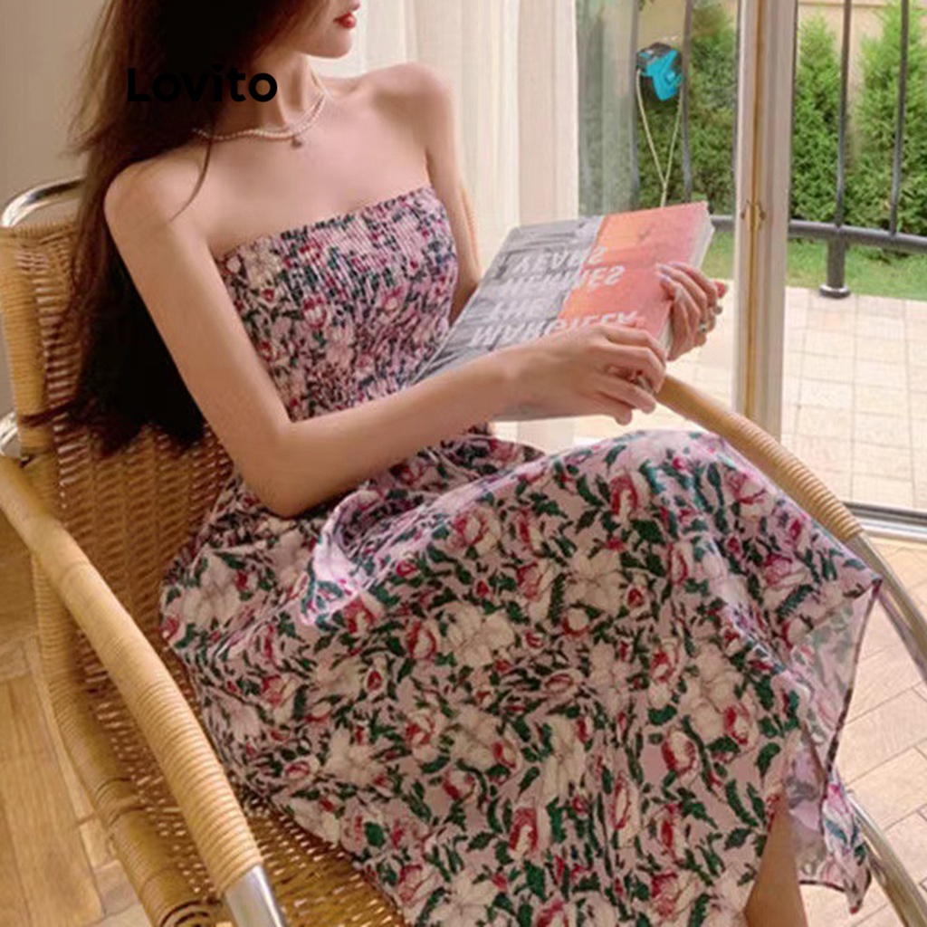 Lovito Đầm midi chữ A không tay họa tiết hoa thường ngày dành cho nữ LNE09097 (Nhiều Màu)