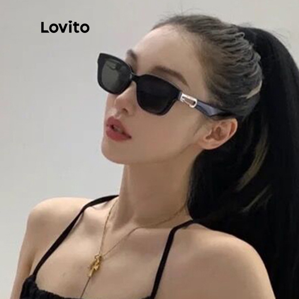 Lovito Kính trơn đơn giản Full Rim Phụ kiện kim loại vuông Kính râm cho nữ LNA09096 (Kiểu 1/Vàng/Đen)