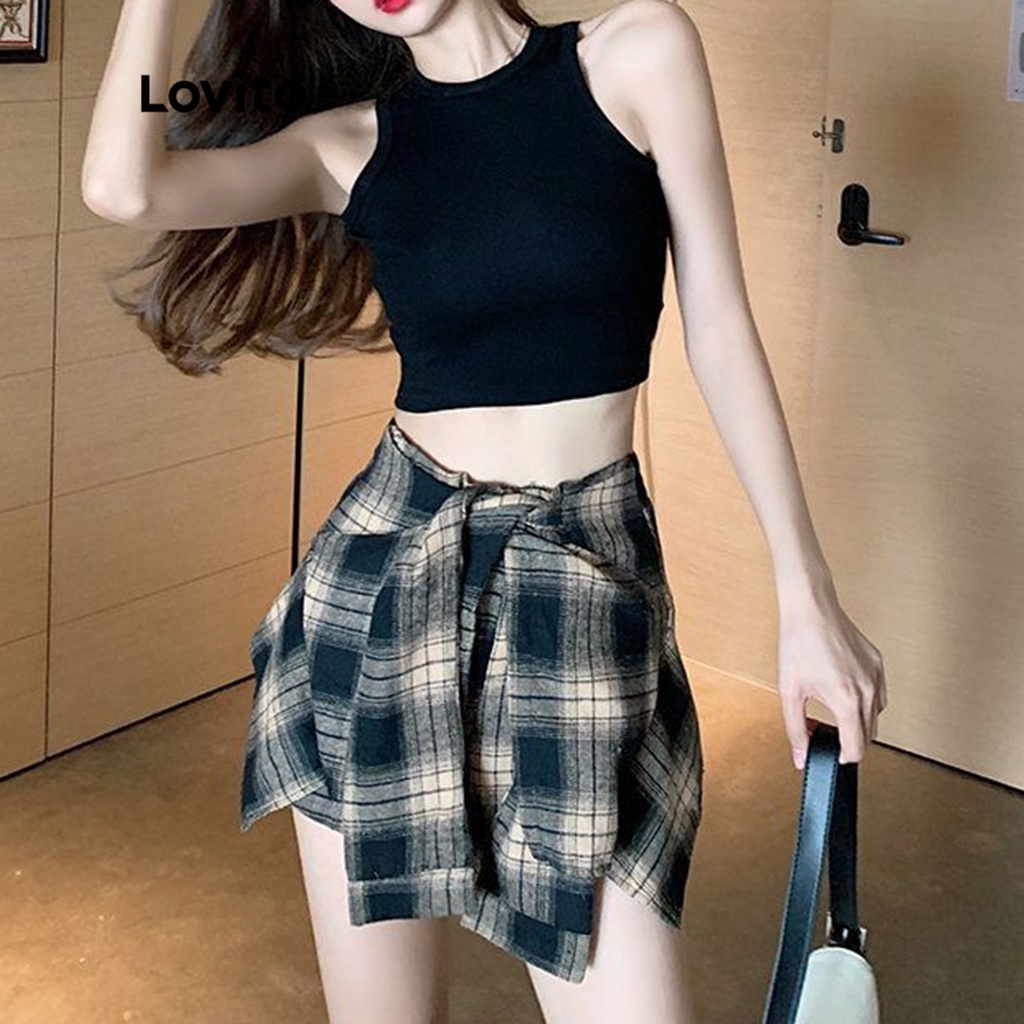 Lovito Bộ Váy Cổ Tròn Kẻ Sọc Thường Ngày Cho Nữ LNA09338 (Đen)