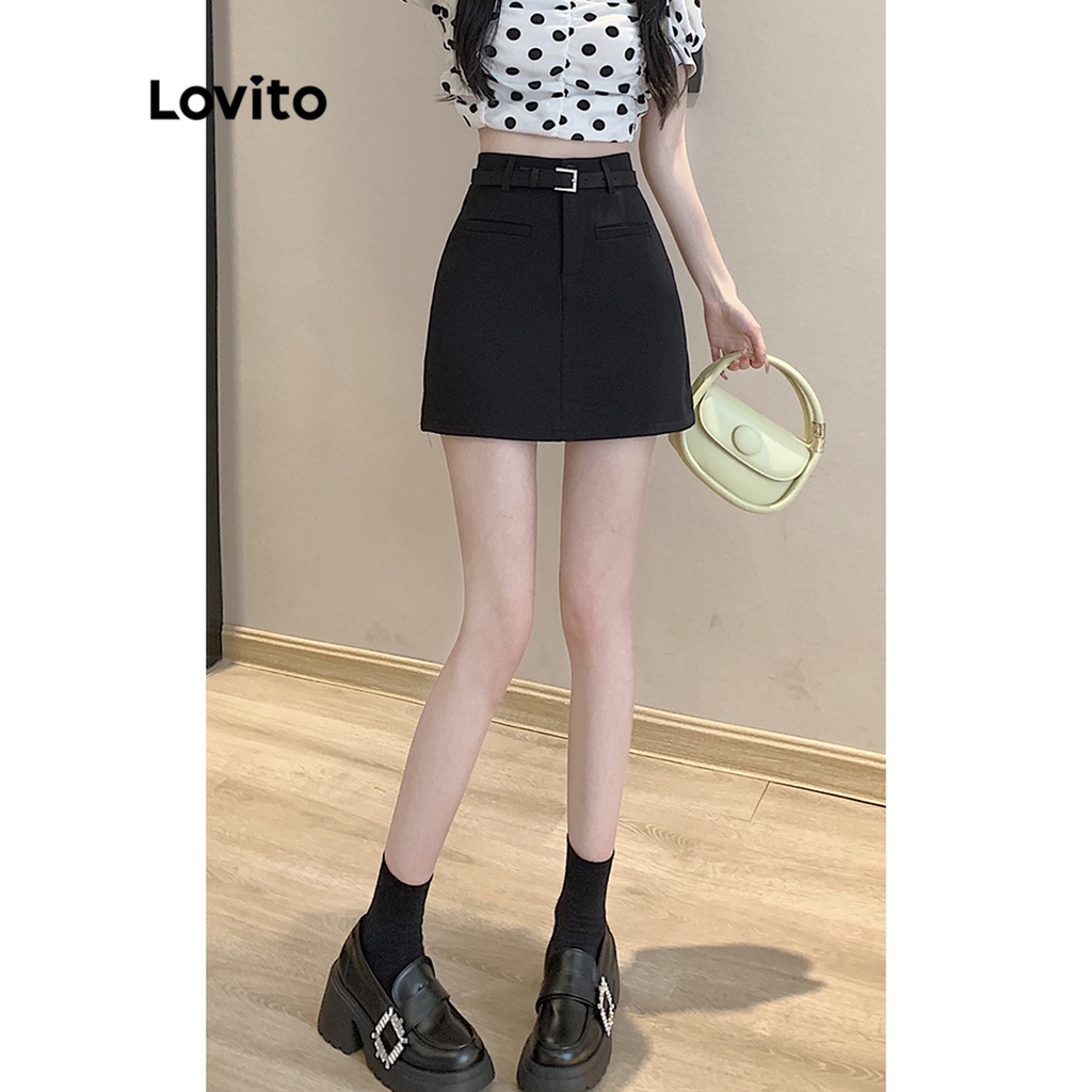 Lovito Váy ngắn chữ A trơn có thắt lưng giản dị dành cho nữ LNE09114 (Đen)