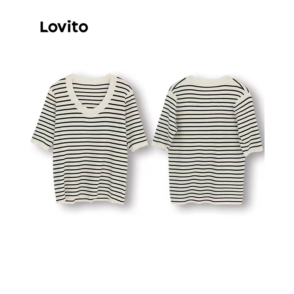Lovito Áo cổ tròn đan sọc sọc thường ngày cho nữ LNA09344 (Mơ/Đen)