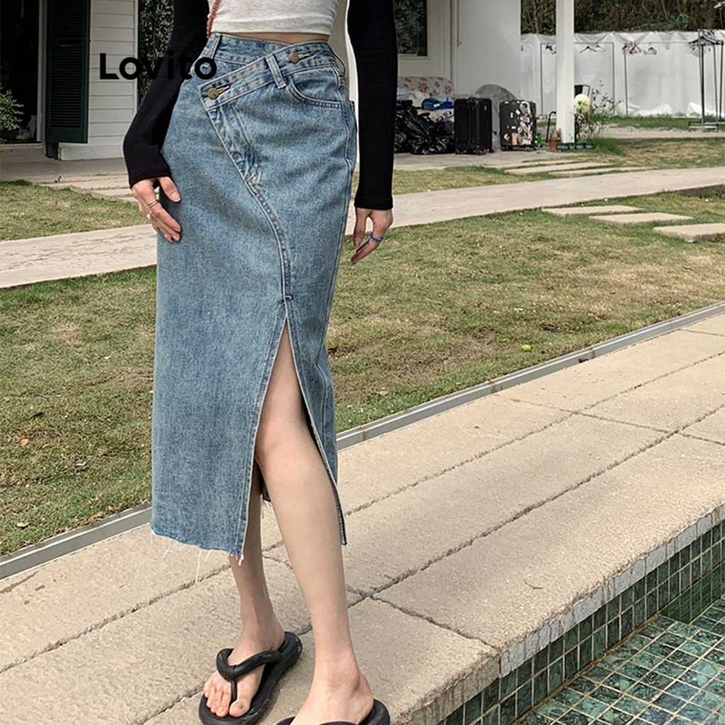 Lovito Chân váy midi denim màu trơn đơn giản xẻ dây kéo cho nữ LNE09203 (Màu xanh da trời)