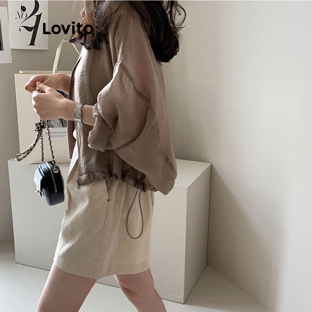 Lovito Áo khoác dài tay cổ rùa có dây kéo trơn đơn giản dành cho nữ LNE09042 (Màu nâu)