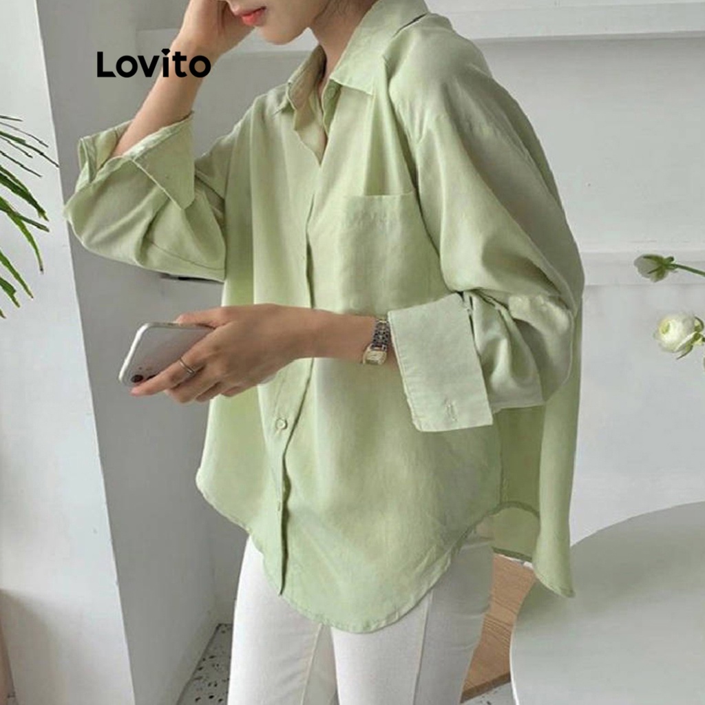 Lovito Áo sơ mi dài tay có nút phía trước màu trơn đơn giản cho nữ LNA09288 (Màu xanh lợt)