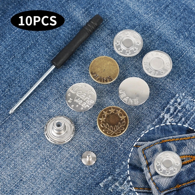 Set 10 Nút Thắt Lưng Quần Jean Bằng Kim Loại Có Thể Điều Chỉnh Tái Sử Dụng Kèm Tua Vít DIY