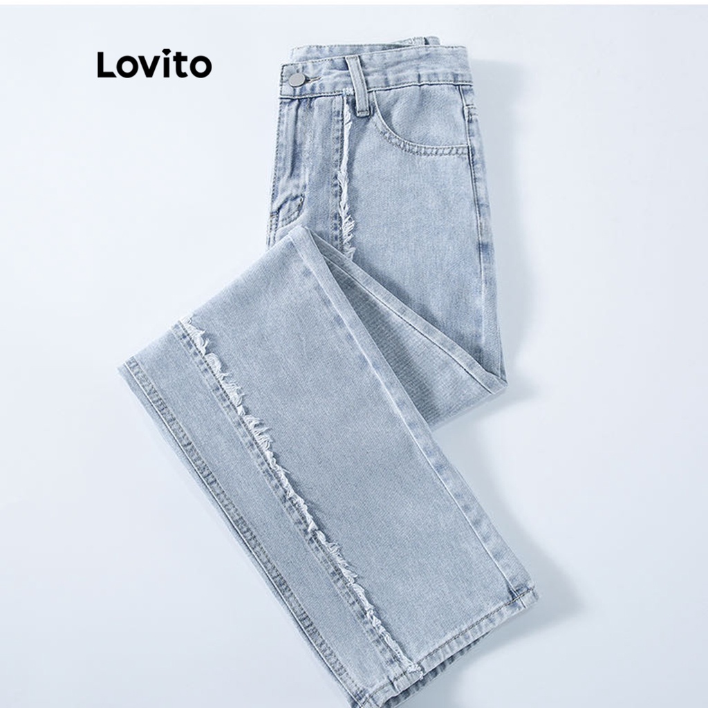 Lovito Quần jean cạp chun trơn màu trơn thường ngày cho nữ LNA09144 (Xanh nhạt)