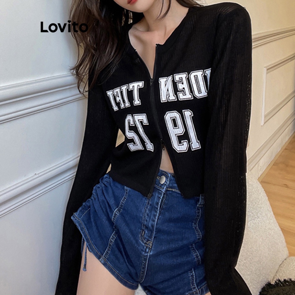 Lovito Áo khoác croptop dài tay cổ tròn có dây kéo đơn giản cho nữ LNE09066 (Đen)