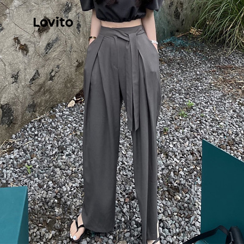 Lovito Quần ống rộng cạp cao xếp nếp đơn giản có túi cho nữ LNE09159 (Xám)