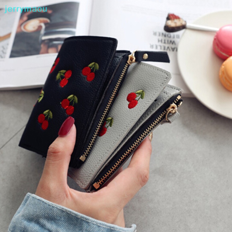 Ví Da PU Đựng Tiền / Thẻ Thêu Họa Tiết Cherry Xinh Xắn Dành Cho Nữ
