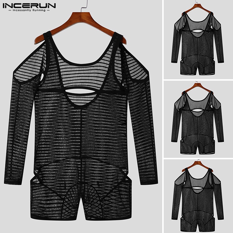 INCERUN Bộ Áo Liền Quần Tay Dài Hở Vai Họa Tiết Kẻ Sọc Thời Trang