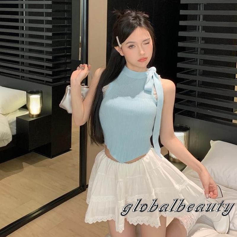 Áo Croptop Dệt Kim Không Tay Thắt Nơ Thời Trang Mùa Hè Dành Cho Nữ