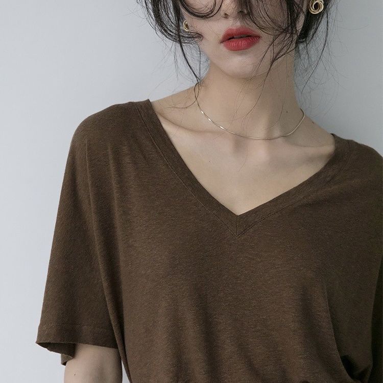 Áo Thun Tay Ngắn Cổ Chữ V Chất Liệu Lanh Dáng Rộng Thời Trang Mùa Hè Hàng Mới 2023 Dành Cho Bạn Nữ