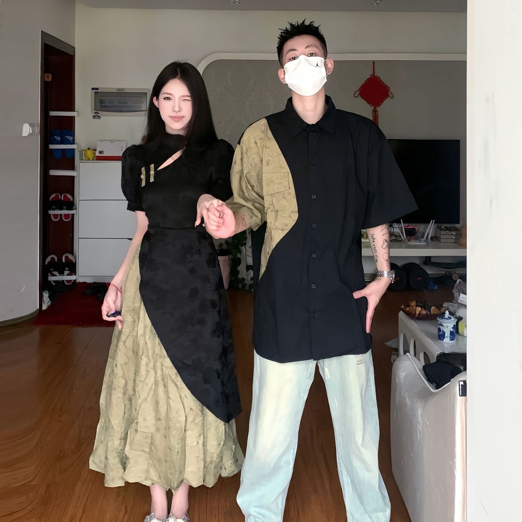 Set Áo Thun Ngắn Tay + Chân Váy Dài Màu Sắc Tương Phản Phong Cách Retro 2023 Zen 6.25