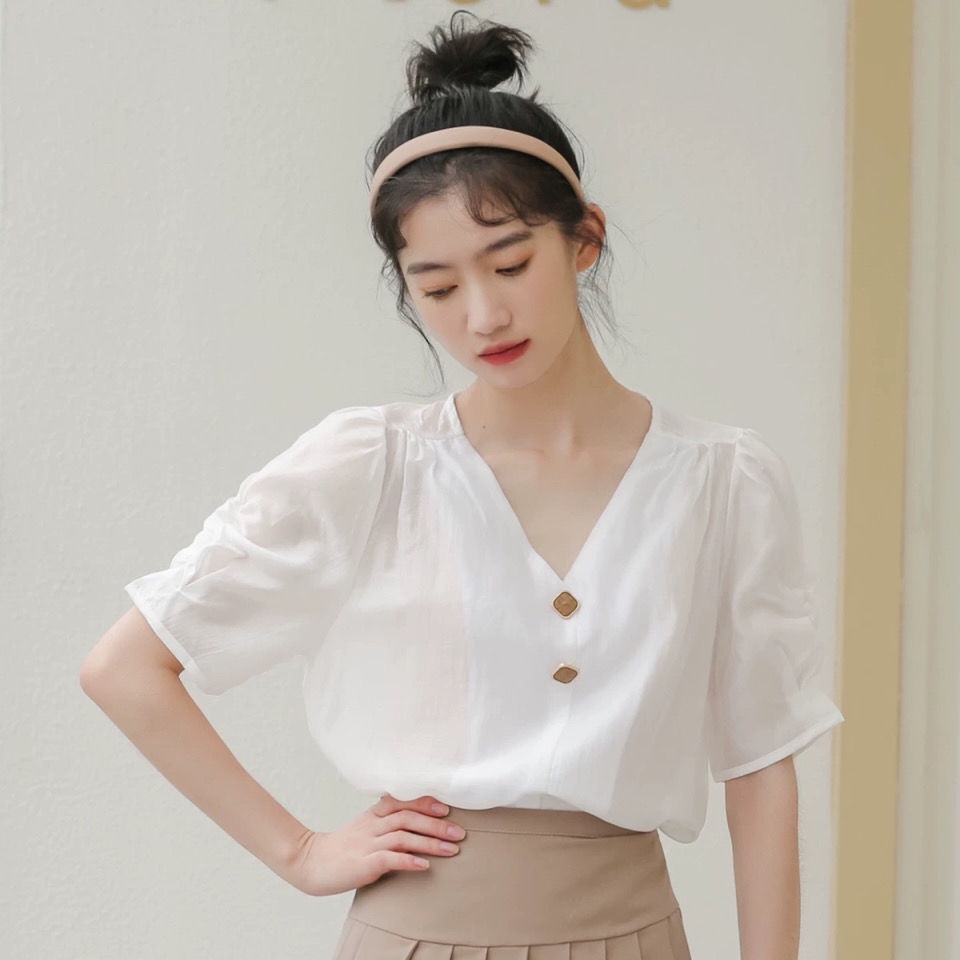 Áo Sơ Mi Tay Ngắn Phồng Cổ Chữ V Thời Trang Mùa Hè Mới Cho Nữ