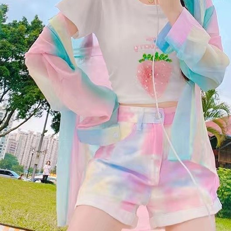 Quần Short denim Lưng Cao Ống Rộng Nhuộm Màu Thời Trang Cho Nữ