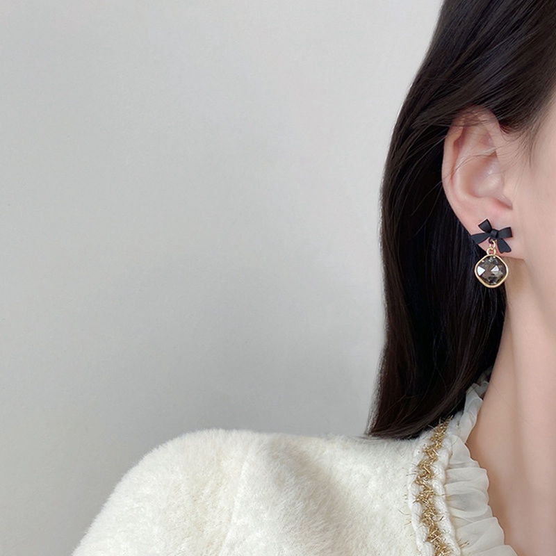 Bông Tai Dáng Dài Hình Vuông Đính Nơ Màu Đen Thời Trang Dự Tiệc Cho Nữ