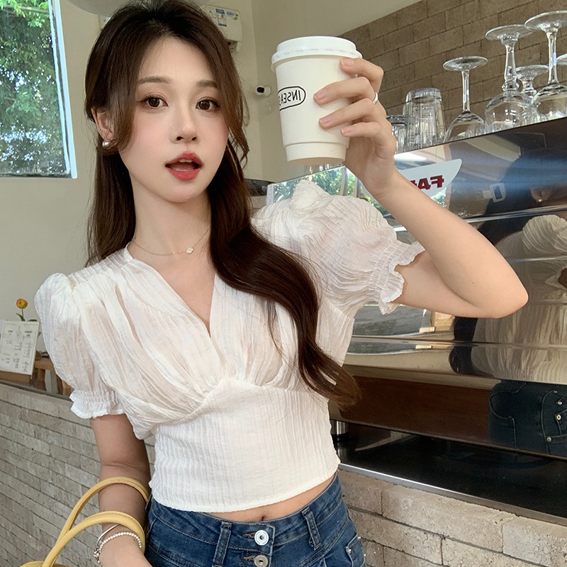 SUXI Áo Sơ Mi Tay Ngắn Cổ Chữ V Dáng Ôm Phong Cách Vintage Dành Cho Nữ